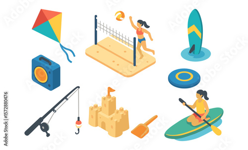 Summer beach activities: volleyball, kites, surfing, and sandcastles