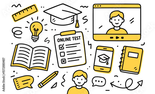 Online learning icon set with students and education tools