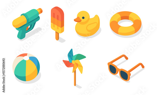 Colorful summer toys and accessories set: water gun, popsicle, duck, lifebuoy, beach ball, pinwheel, sunglasses