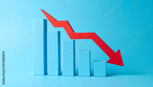 Minimalist blue graph with red arrow pointing down. Business risk, financial decline and money loss.