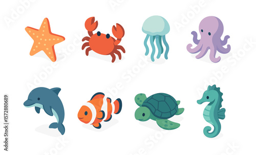 Colorful isometric marine animals: starfish, crab, jellyfish, octopus, dolphin, clownfish, turtle, seahorse icons