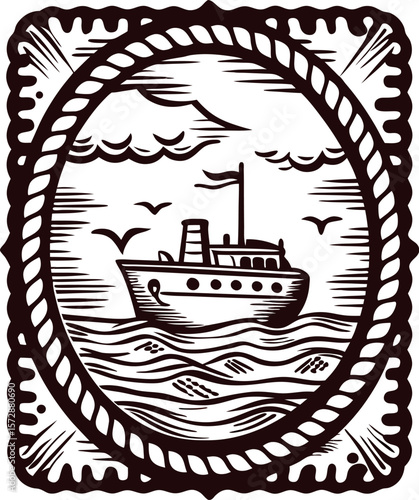 Vintage hand drawn steamboat sailing on wavy ocean with sky and birds in engraved rustic nautical frame illustration
