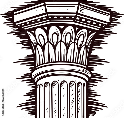 Classic corinthian column capital with acanthus leaves, intricate vintage engraving, historical architecture illustration