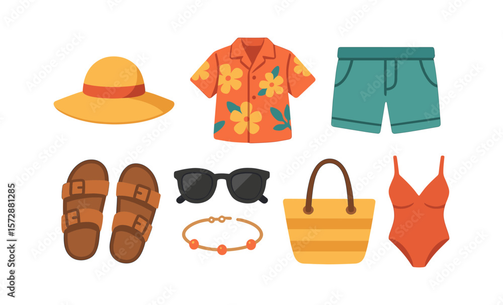 Flat vector icon set of summer fashion items including hat, shirt, shorts, sandals, sunglasses, bag, swimsuit Flat vector icon set of summer fashion items including hat, shirt, shorts, sandals, sunglasses, bag, swimsuit