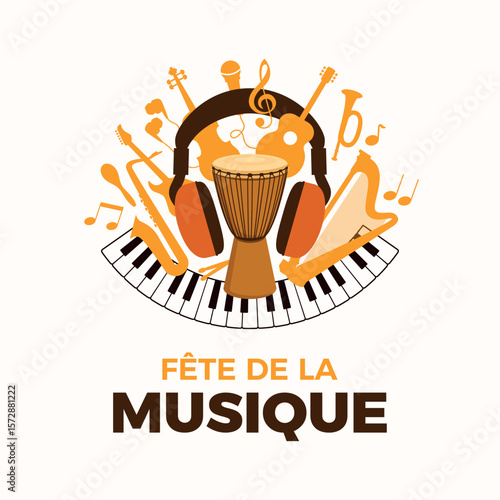 Fête de la Musique or World Music Day poster vector illustration. Different types of musical instruments vector. Template for background, banner, card. 21 June. Important day