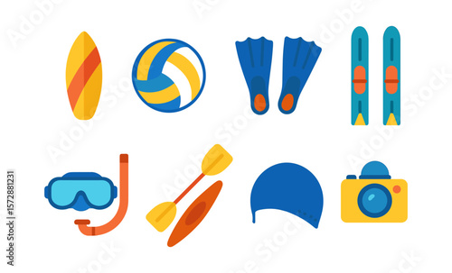 Colorful collection of watersport and winter gear including surfboard, kayak, skis, and camera