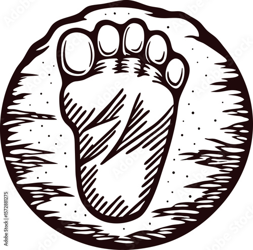Engraved barefoot footprint emblem in vintage round with textured rustic circular background
