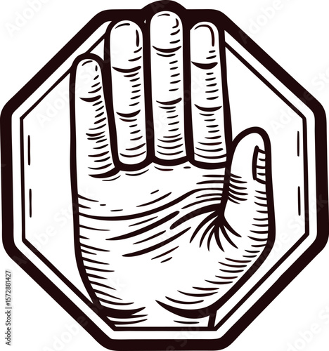 engraved open hand raised in stop gesture inside octagon border black and white sketch illustration