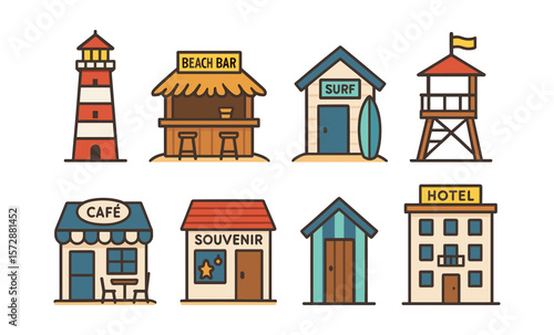 Charming beachfront icons: lighthouse, beach bar, surf shack, lookout, cafe, souvenir shop, beach house, hotel