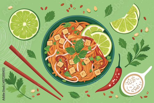 A vector illustration depicts a happy couple enjoying a plant-based Thai dinner, sharing Pad Thai.