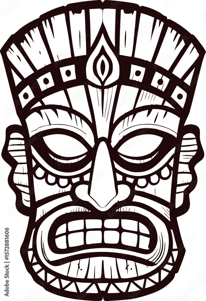 Naklejka premium Hand drawn tribal tiki mask illustration with detailed geometric patterns and expressive face design