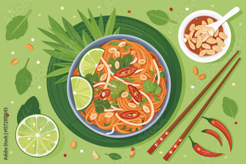 Vector illustration of a couple enjoying a vegan Thai dinner, sharing delicious pad Thai noodles.