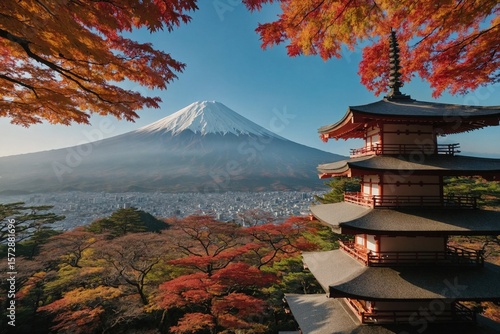 Mt. Fuji with fall colors in Japan.