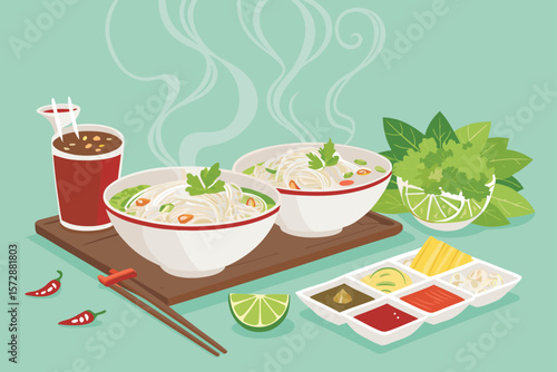 Colorful vector illustration of a Vietnamese pho shop with steaming noodle bowls and fresh herbs.
