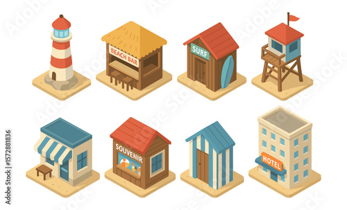 Isometric beach icons set with lighthouse, shops, and cabins