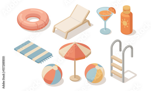 Summer pool essentials: float, lounger, cocktail, sunscreen, beach towel, umbrella, beach balls, ladder