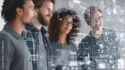 Diverse business team brainstorming in high-tech digital office, screen UI overlay