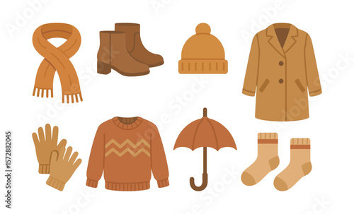Autumn clothing icon set: coat, sweater, scarf, boots, hat, gloves, umbrella, socks