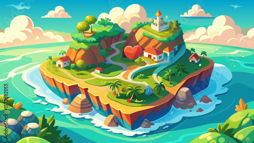 Aerial view of heart shaped island on sea coast. Beautiful background, creating spring summer mood and tourism, vacation. Tropical resort. Natural landscape background, advertising space, copy 