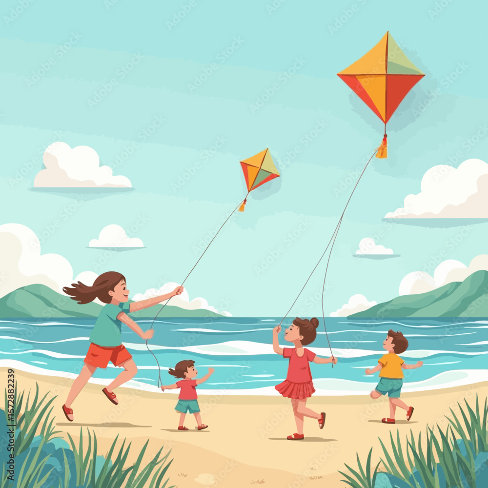 Fototapeta premium Family enjoys flying kites on a sunny beach day, with ocean waves and grassy dunes in the background.