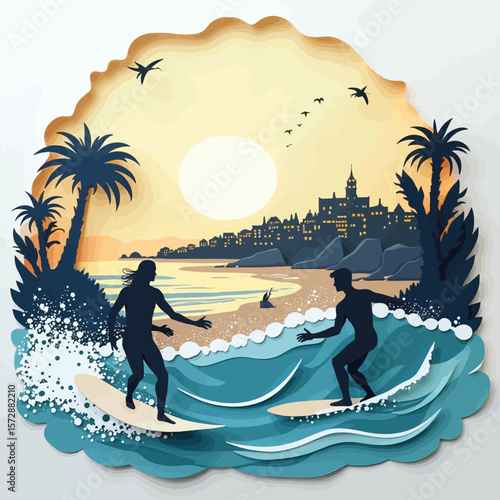 Silhouette surfers ride waves near a coastal town under a warm sunset.