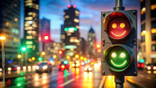 Emoji Faces on Traffic Light in Night Cityscape