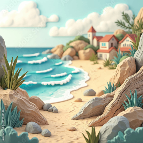 Serene coastal village scene rendered in a charming papercraft style, showcasing a sandy beach, gentle waves, and quaint houses nestled amongst rocks.