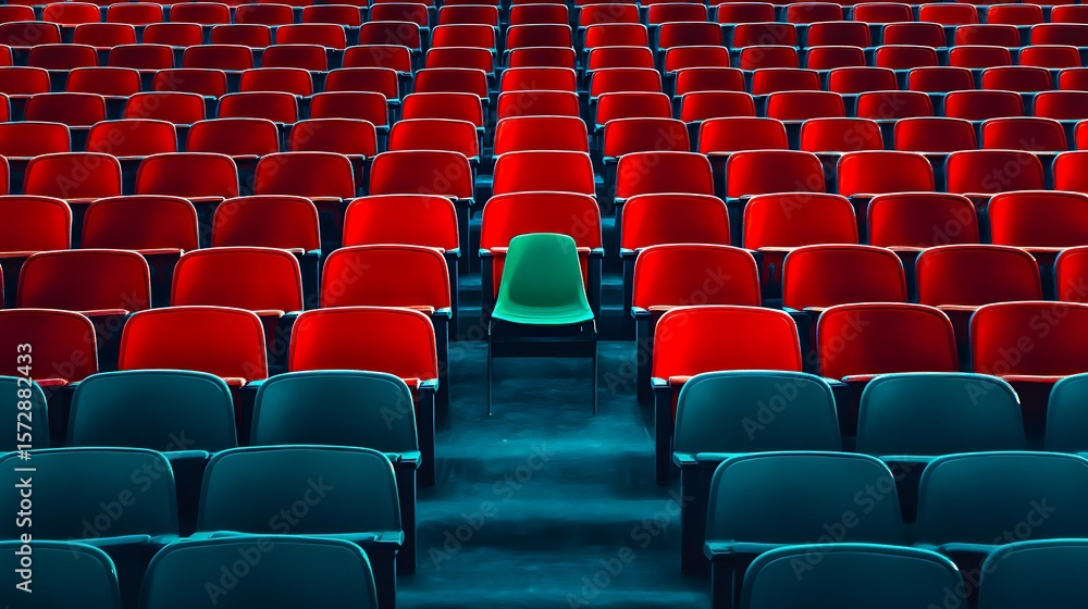 Naklejka premium Single green chair standing out in row of red auditorium seats