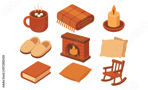 Cozy autumn essentials: warm blanket, hot cocoa, fire-lit ambiance, and relaxing comfort items
