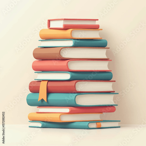 A colorful stack of various books, arranged with a bookmark.