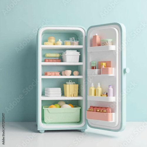 Open pastel-colored refrigerator filled with various food and household items.