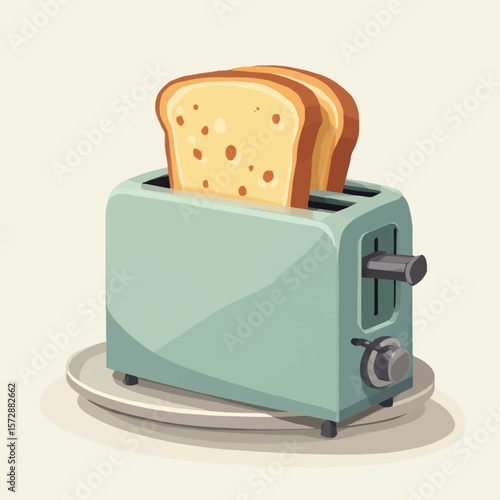 A light teal toaster with two slices of golden brown toast being toasted.