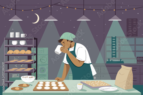 Baker prepares for a night shift, sipping coffee.