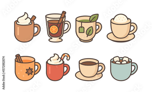 Illustrated hot beverages: hot chocolate, herbal tea, mulled wine, cappuccino, spiced cider, peppermint mocha, coffee, marshmallow mug