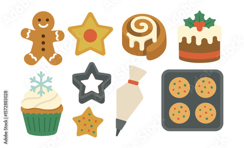 Festive holiday baking icons: gingerbread, cupcake, cookies, cake decorations