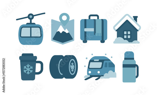 Winter travel icon set: cabin, train, ski lift, luggage, thermos, snow tires