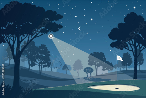 A vibrant vector illustration of a golf course at night.