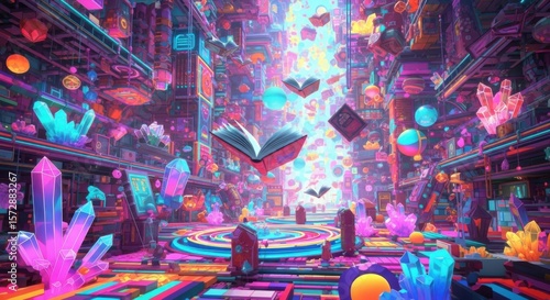 Enchanting Digital Library Filled with Glowing Crystals and Floating Books