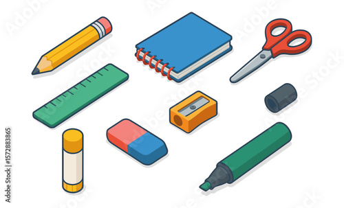 Colorful collection of essential school supplies in isometric illustration