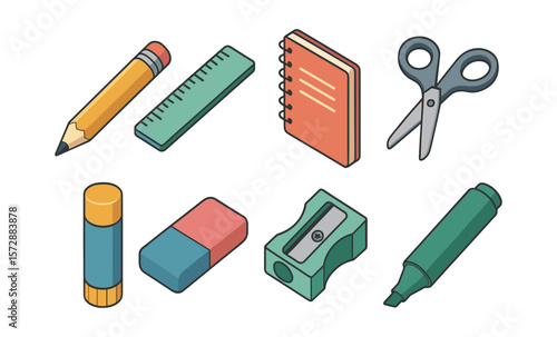 Colorful school supplies set: pencil, ruler, notebook, scissors, glue, eraser, sharpener, marker