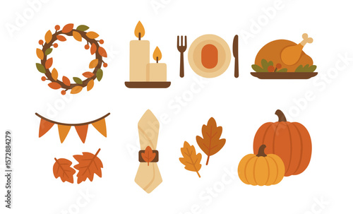 Thanksgiving harvest icons with leaves, pumpkins, candles, and turkey