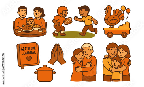 Thanksgiving family celebration with diverse activities and traditions illustration