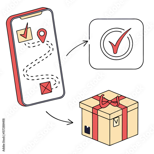 Illustrating the process of online ordering and delivery with a smartphone showing a map and a package being delivered with a confirmation checkmark icon