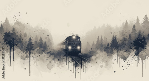 An old train fading into fog evokes nostalgia, loneliness, and time passing — painted in a classic moody watercolor style.