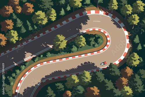 Vector aerial perspective of F1 track looping through landscape.