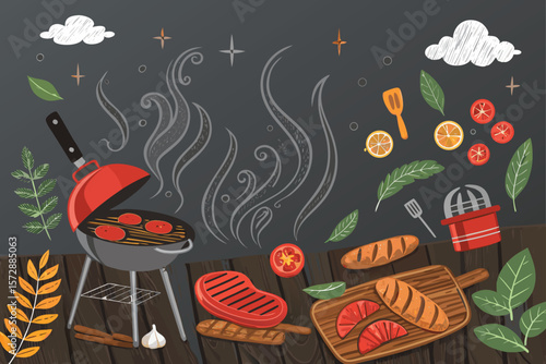 Vector illustration of a BBQ restaurant with grilling.