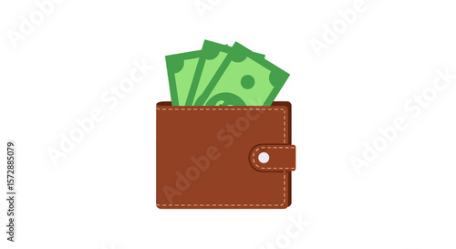Brown Leather Wallet with Green Cash Bills on White Background
