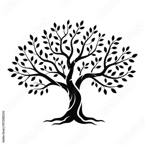 Elegant black silhouette of a mature tree with lush leaves and sturdy trunk vector illustration
