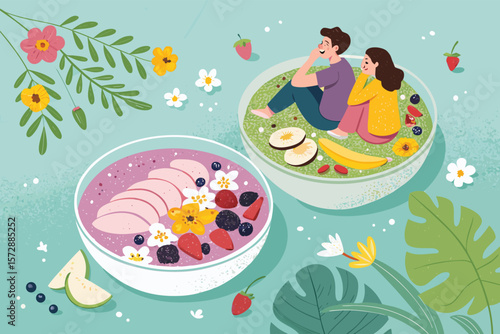 Couple happily sharing a healthy smoothie bowl.