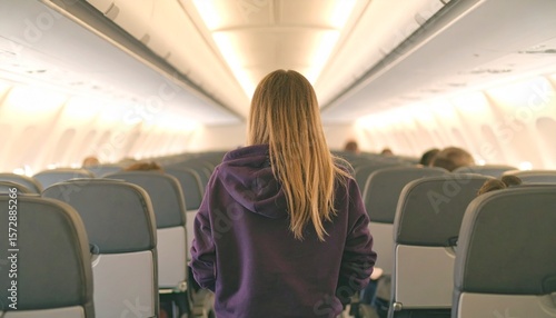 Young woman in purple hoodie stands in airline aisle, viewed from behind. Passengers and seats fill the modern plane interior during air travel journey.